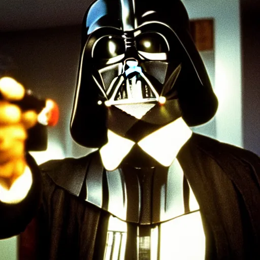 Image similar to film still of darth vader in pulp fiction.