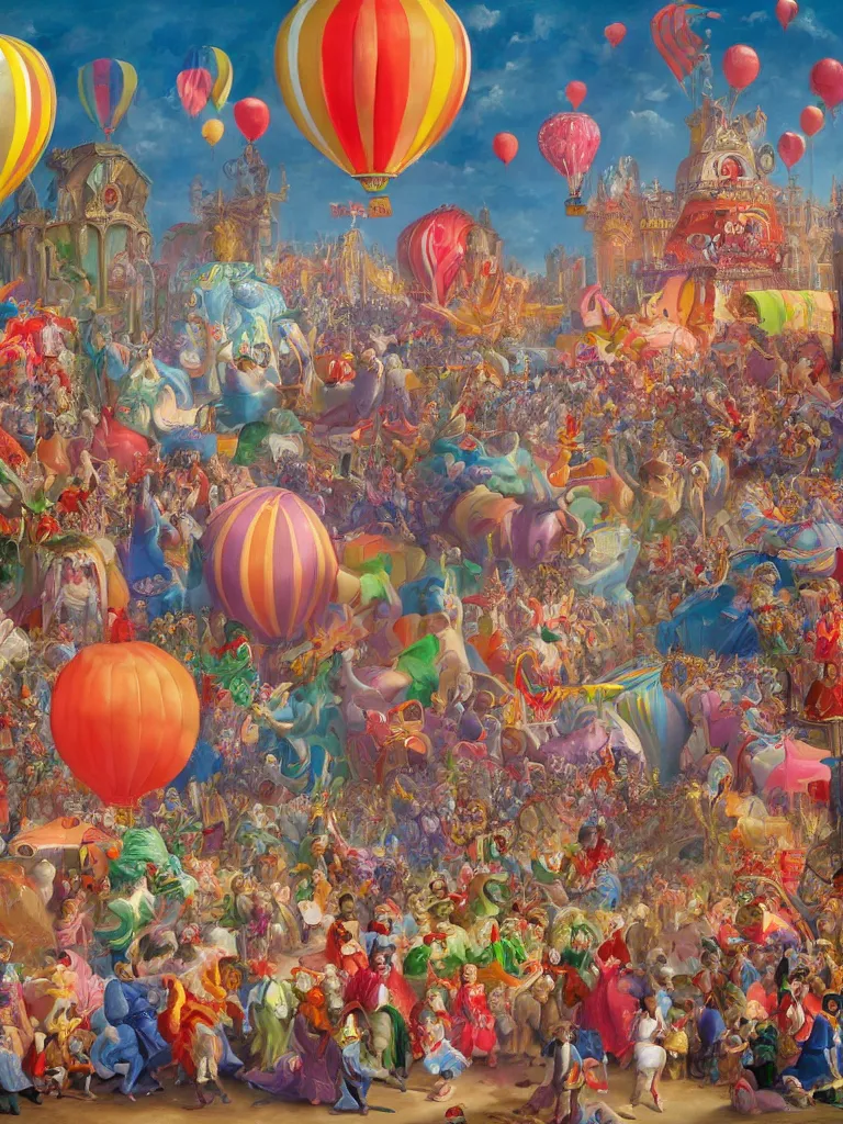 Image similar to a beautiful painting of a carnival with enormous balloon monsters, by jonas burgert, fallas party figures, realistic colors