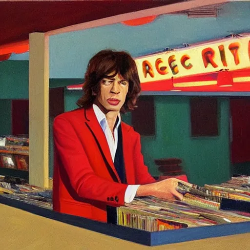 Prompt: a portrait painting of mick jagger working in a record store in 1 9 6 9, artistic, in the style of edward hopper