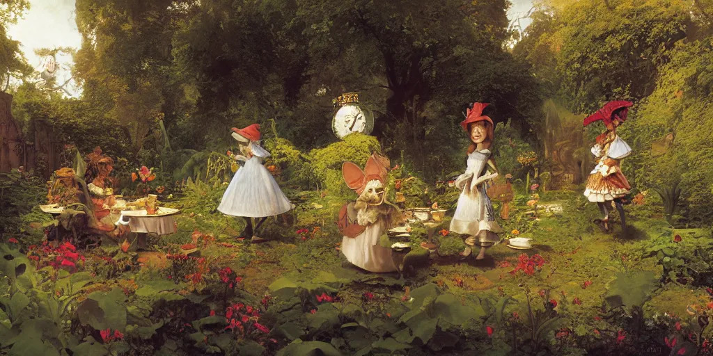 Image similar to alice in wonderland in the garden, john tenniel, normal rockwell, craig mullins, david curtis, carl spitzweg, morgan weistling, chris foss