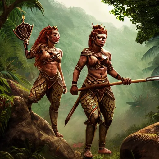 Image similar to armoured ginger dwaven women wielding a hammer and shield, jungle clearing, awesome floating mountain in the shape of a human heart. 4k realism landscape