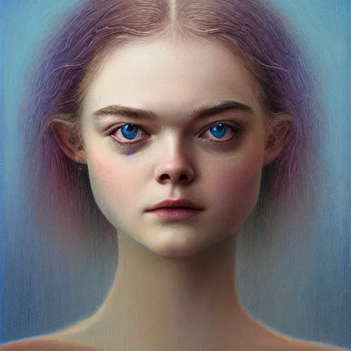 Image similar to professional painting of Elle Fanning in the style of Beksinski, head and shoulders portrait, symmetrical facial features, smooth, sharp focus, illustration, intricate, stormy weather, extremely detailed masterpiece,