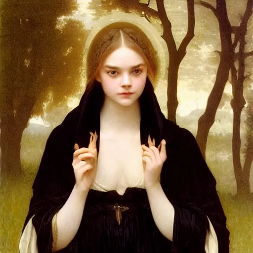 Prompt: Elle Fanning in a black cultist robe by the fire. Art by william adolphe bouguereau. Extremely detailed. Beautiful. 4K. Award winning.