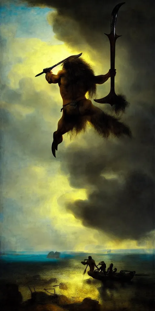 Prompt: muscular oversized dolphin animal as barbarian hunter with weapon and anthropomorphic human oversized mutant proportions and very hairy body , backlight body , extreme very textured detailed panoramic futuristic painting by rembrandt , silhouette over sunset, dramatic clouds and cyan atmosphere