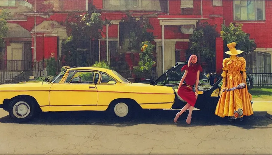 Image similar to a picture of a yellow-car parked next to a red-hydrant with a STYLISH! woman leaning against the car, BEUTIFUL!, surreal, in style of TOM BAGSHAW, painted by Norman Rockwell and Tom Lovell and Frank Schoonover