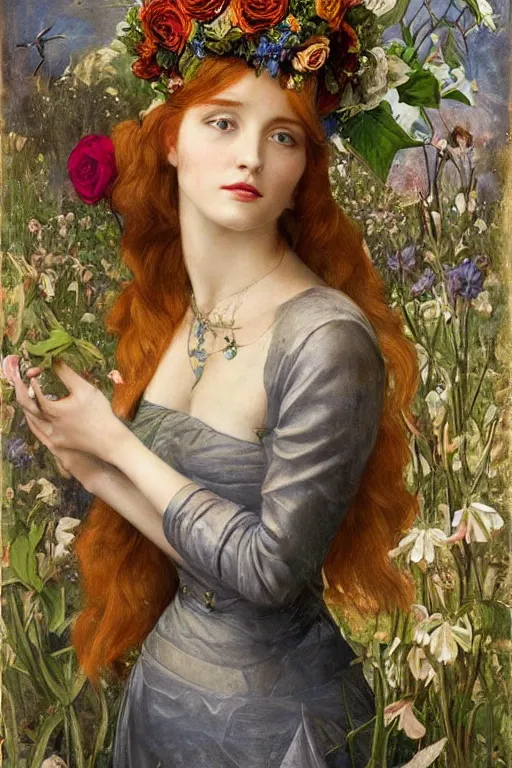 Prompt: portrait of a beautiful young cyborg woman with a big steampunk flower crown, Pre-Raphaelite