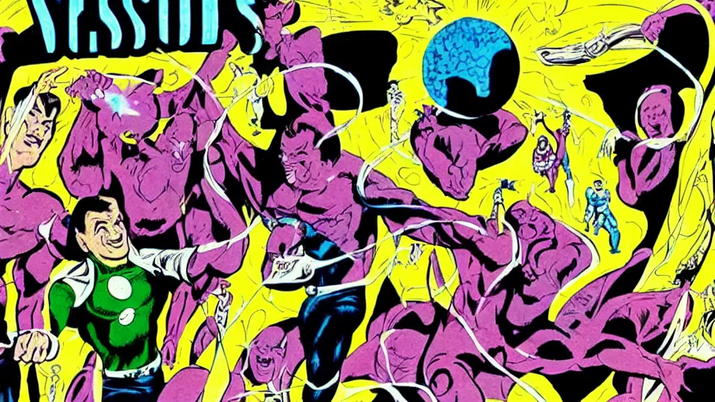 Image similar to the cosmos by Steve Ditko and P. Craig Russell, in color