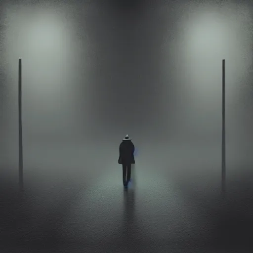 Image similar to photo realistic, painting of a wizard walking alone in the boulevard of broken dreams, painted black, hyper detail, in the style of beeple, rule of thirds