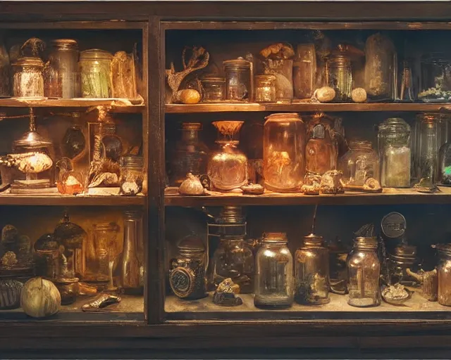 Image similar to a large wood display cabinet filled with lots of different items in magical glowing jars in different colors, a still life by seb mckinnon, artstation, neoplasticism, lovecraftian, artstation hq, award winning photography 4 k 8 k 1 6 k