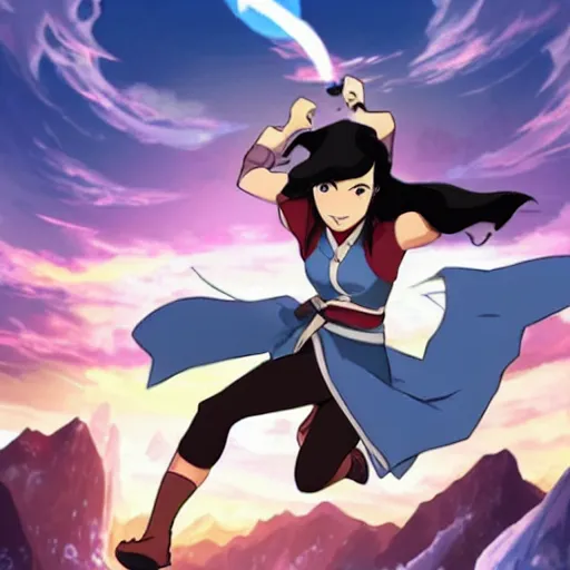 Image similar to the legend of korra, korra is jumping between mountains anime