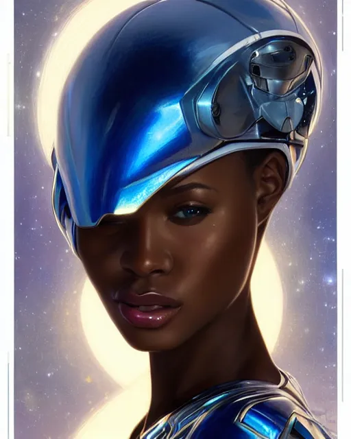 Image similar to Portrait of very very very very very very beautiful african woman, spacesuit, futuristic cybernetic helmet, blue eyes, real life skin, intricate, elegant, highly detailed, artstation, concept art, smooth, sharp focus, art by artgerm and greg rutkowski and alphonse mucha