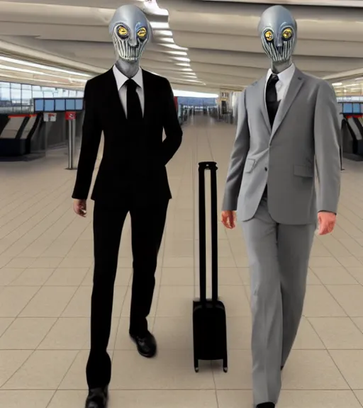 Prompt: cinematic airport photo of part man part dairy cow humanoids mancow mix and cowman mix wearing suit holding boarding pass giger sorayama alex ross style at the airport trending photo portrait