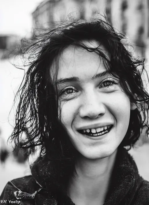 Image similar to Mid-shot portrait of a beautiful 20-year-old woman from Iceland, smile, happy, candid street portrait in the style of Martin Schoeller award winning, Sony a7R