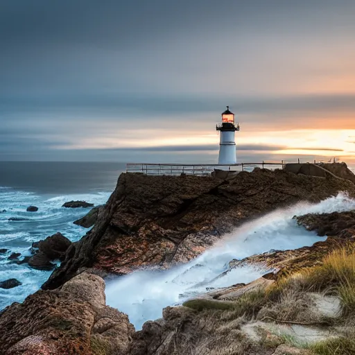 Prompt: the view from the lighthouse excited even the most seasoned traveler, crashing waves, golden hour, city lights in the distance, canon 5 d mk iv, 1 6 - 3 5 mm 2. 8 l lens at 2 0 mm, f 1 6