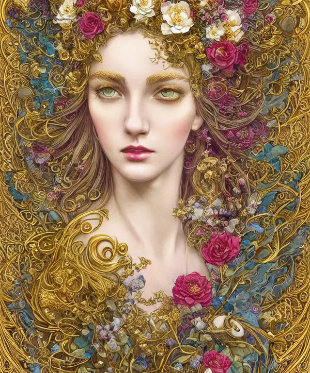 Prompt: Floralpunk elysian Maiden, gilding, gold leaf, ivory and gold, detailed intricate ink illustration, heavenly atmosphere, detailed illustration, hd, 4k, digital art, overdetailed art, concept art, complementing colors, vivid colors, trending on artstation, art nouveau designs, Cgstudio, the most beautiful image ever created, dramatic, illustration painting by alphonse mucha and Ruan Jia, vibrant colors, 8K, style by Wes Anderson, award winning artwork, high quality printing, fine art, beautiful scenery, by Makoto Shinkai, syd meade, 8k ultra hd, artstationHD, 3d render, hyper detailed