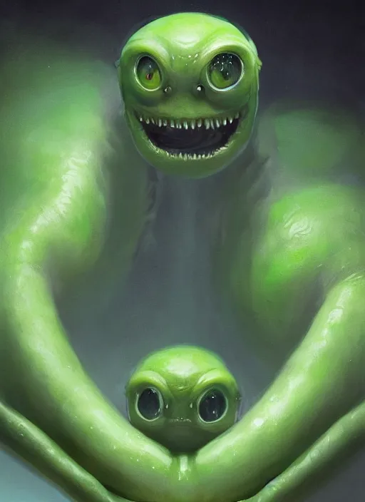 Image similar to hyper realistic portrait of my happy, smiling, waifu cute innocent green amorphous blob, slimy alien creature with adorable uwu eyes, it has several human arms out stretched to grab me. painted by greg rutkowski, wlop,,