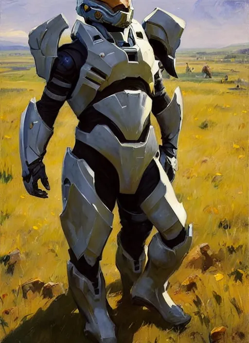 Image similar to Greg Manchess painting of a humanized Corgi wearing Forerunner Armor from Halo, countryside, calm, fantasy character portrait, dynamic pose, above view, sunny day, artwork by Jeremy Lipkin and Giuseppe Dangelico Pino and Michael Garmash and Rob Rey, very coherent asymmetrical artwork, sharp edges, perfect face, simple form, 100mm