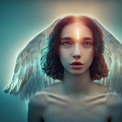 Image similar to portrait art of female angel, art by alessio albi 8 k ultra realistic, angel wings, lens flare, atmosphere, glow, detailed, intricate, full of colour, led lighting, trending on artstation, 4 k, hyperrealistic, 3 5 mm, focused, extreme details, unreal engine 5, masterpiece