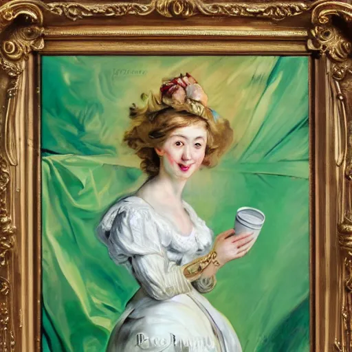 Image similar to eavenly summer sharp land sphere scallop well dressed lady holding a tall paper cup coffee, auslese, by peter paul rubens and eugene delacroix and karol bak, hyperrealism, digital illustration, fauvist, tall paper cup coffee, green coffee logo