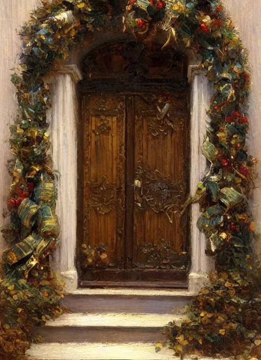 Image similar to wreath on new york apartment building door, artwork by gaston bussiere, craig mullins, trending on artstation