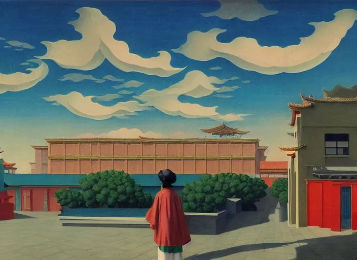 Prompt: old asian city, clouds, bird, open ceiling, strange foreign objects, oil painting by edward hopper, chirico and rene magritte