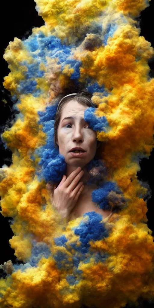 Prompt: woman crying covered in yellow and blue clouds, by kim keever