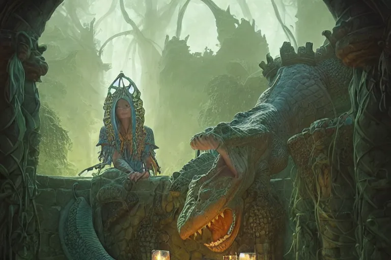 Prompt: crocodile lair priestess ceremony, deep focus, d & d, fantasy, intricate, elegant, highly detailed, digital painting, artstation, concept art, matte, sharp focus, illustration, hearthstone, art by artgerm and greg rutkowski and alphonse mucha
