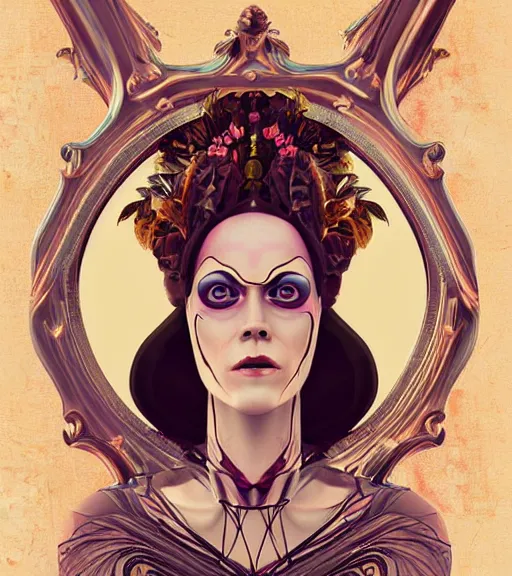 Prompt: beautiful female character inspired by venice carnival and pop art sigourney weaver | | digital artwork made by greg rutswork, anna dittmann and lois van barlee, symmetrical, anatomically correct