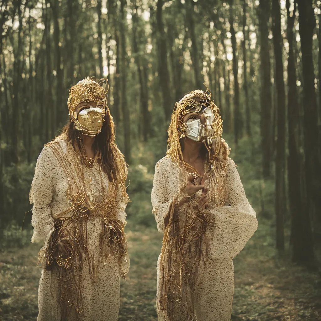 Prompt: a portrait photography of a woman wearing a mask made of wire, linen, and jewels, in a forest, golden hour, cinematic, Kodak Portra 800 film