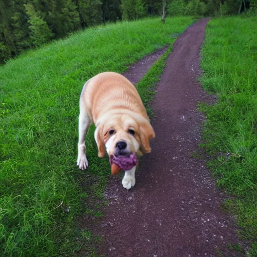 Prompt: fat dog eating grass trail cam