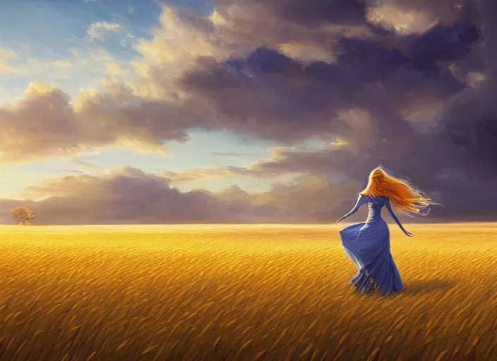 Image similar to a lone princess walks through a vast wheat field in the cosmic sky by vladimir volegov and alexander averin and peder mørk mønsted and guweiz and raphael lacoste