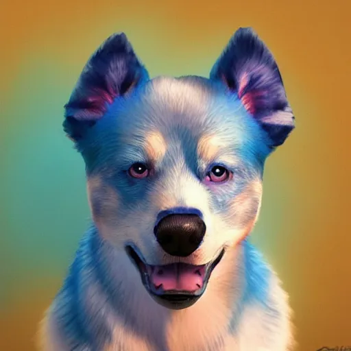 Image similar to Blue Heeler Dog, Anime Style, Soft lighting, artstation, detailed, award winning, colourful