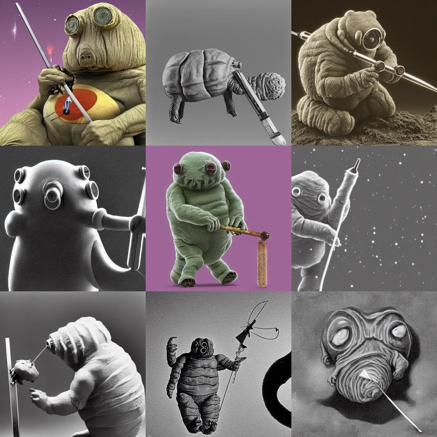 Prompt: Tardigrade holding a spear seen with an electron microscope,