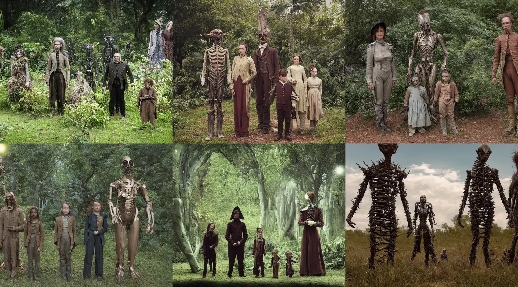 Prompt: 35mm still from a sci fi blockbuster movie made in 2022, set in 1860, of a family standing next to some strange wild alien plants wearing 1850s era clothes, a humanoid alien standing nearby, in a park on a strange alien planet, cinematic lighting, 4k, in focus faces, oscar winner, high quality photography