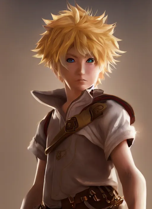 Image similar to An epic fantasy anime style portrait painting of a young blonde boy thief, unreal 5, DAZ, hyperrealistic, octane render, cosplay, RPG portrait, dynamic lighting