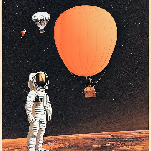 Image similar to astronaut arriving in mars on a hot air ballon, by francis bacon