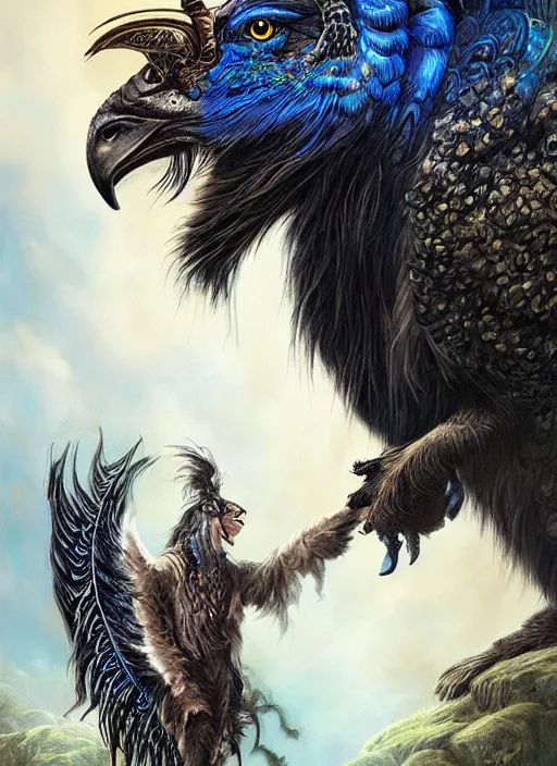 Prompt: black lion with peacock wings, night sky, by aaron blaise, by james gurney, by michael whelan, epic, fantasy illustration, intricate, hyper detailed, concept art, smooth, sharp focus, vibrant, photo realistic, digital painting