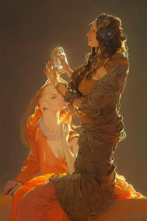 Image similar to portrait of tinfoil hat man in orange t - shirt behind his wife, feelings, romantic, fantasy, intricate, elegant, highly detailed, digital painting, artstation, concept art, smooth, sharp focus, illustration, art by artgerm and greg rutkowski and alphonse mucha