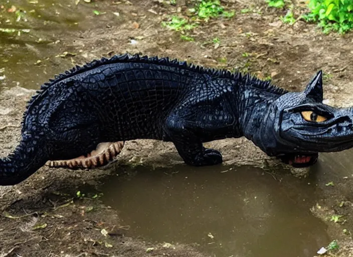 Prompt: photo of a hybrid between a crocodile and a black cat