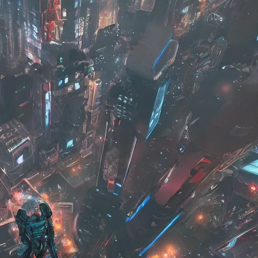 Image similar to A hyperdetailed photograph of Iron Man flying through the skies of a cyberpunk, futuristic city, night, dense fog, rain, HD, 8K resolution