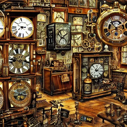 Image similar to interior of a steampunk clock shop, father time tinkering, old grandfather clocks everywhere, realistic, very intricate hyper detailed collage on paper