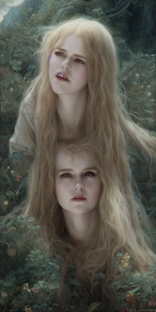 Prompt: lolita nicole kidman, beautiful fantasy maiden, dungeons and dragons, masterpiece by edgar maxence and ross tran and michael whelan, gustav dore, 8 k, octane render