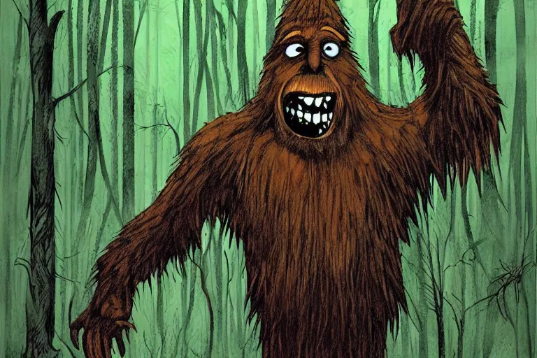 Image similar to mad bigfoot screaming in the woods artwork by ben templesmith