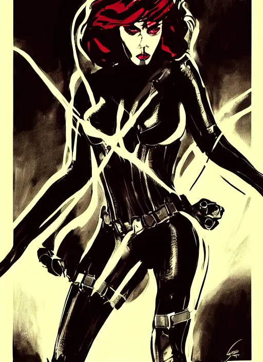 Prompt: black widow, high contrast, concept art, dramatic lighting, portrait, facing forward, face in focus, art by Frank Miller