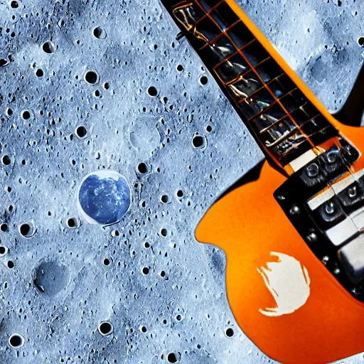 Prompt: a closeup photo of the headstock in an electric guitar and a beer can together laying on the surface of the moon. detailed