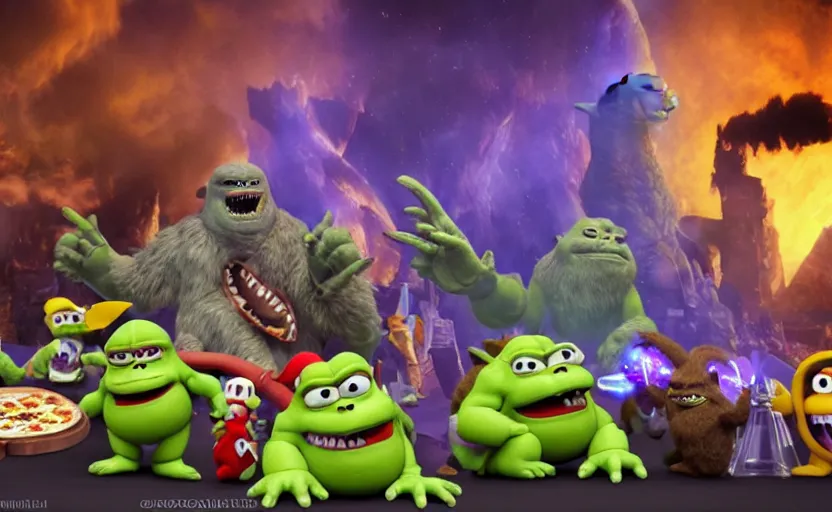 Image similar to pizza godzilla yoda donkey kong pikachu yeti shrek super robot homer groot waluigi darth vader mike wazowski, highly detailed, extremely high quality, hd, 4 k, 8 k, professional photographer, 4 0 mp, lifelike, top - rated, award winning, cinematic, realistic, detailed lighting, detailed shadows, sharp, no blur, edited, corrected, trending