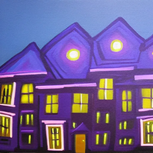 Prompt: painting of old town, horror, purple dim light, tiny houses and a big 8 floors building in the middle