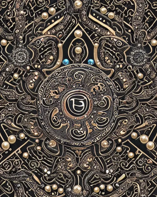 Image similar to a seamless pattern of Tibetan calligraphy on Dark paper, swarovski studded words in metallic and diamond sparkle, Tarot card, Tibetan text script, Tivet manuscript, pearls, diamonds, opal, bvlgari, ultra realistic, sharp focus, symmetric, 8k high definition, insanely detailed, intricate, elegant, Hajime Sorayama, Octane render, unreal engine,