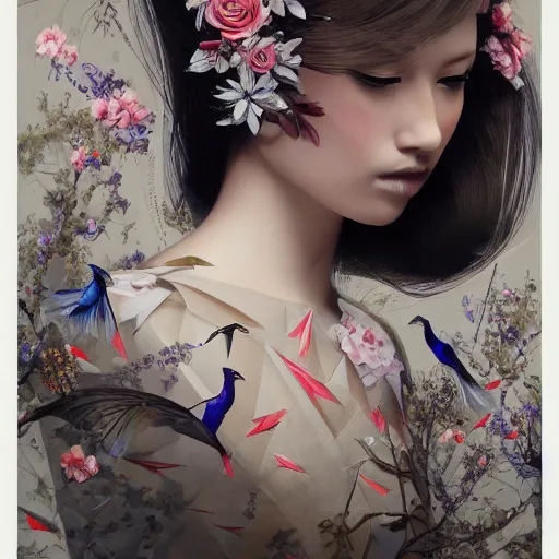 Prompt: 3 / 4 view of a beautiful girl wearing an origami dress, eye - level medium shot, fine floral ornaments in cloth and hair, hummingbirds, elegant, by eiko ishioka, givenchy, banksy, by peter mohrbacher, centered, fresh colors, origami, fashion, detailed illustration, vogue, japanese, reallusion character creator