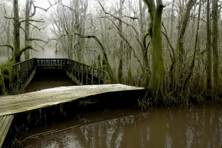 Image similar to a cursed bridge through an evil swamp